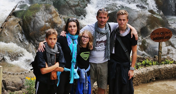Vífill Harðarson (to the far right) has traveled all around the world with his family. This picture was taken when they were in Vietnam last year.