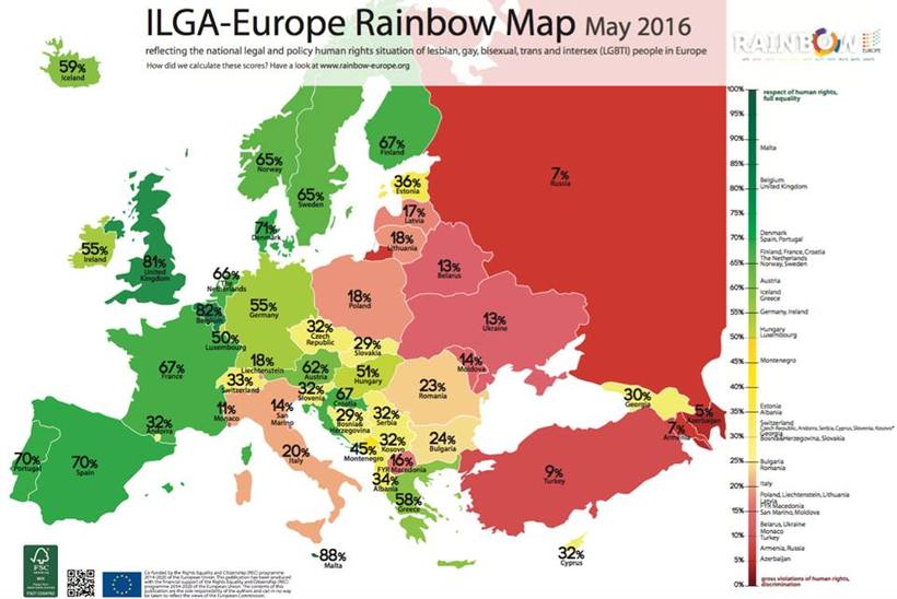 The report’s ‘Rainbow Index’ assesses the performance of 49 European countries under six wide-ranging categories regarding LGBTI rights. Iceland comes in fourteenth – as compared to twelfth on 2014 and ninth in 2013.